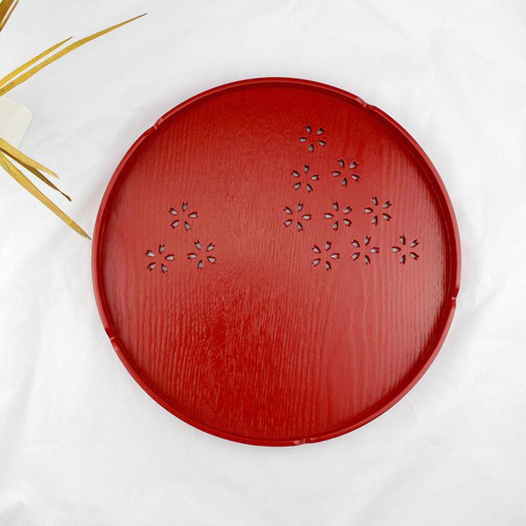 Wooden Serving Tray Pizza Tea Food Platter Home Fruit Plate Round Red 30cm