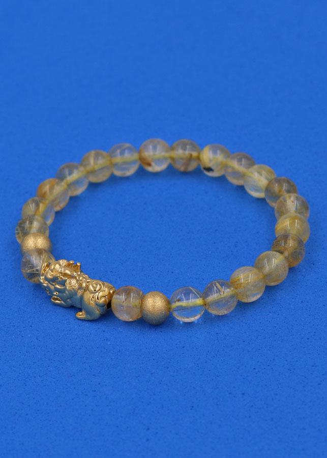 Vòng đeo tay Thạch Anh Tóc vàng 6 ly cẩn Tỳ Hưu inox vàng VTATVTHHBV6 - hợp mệnh Kim, mệnh Thổ