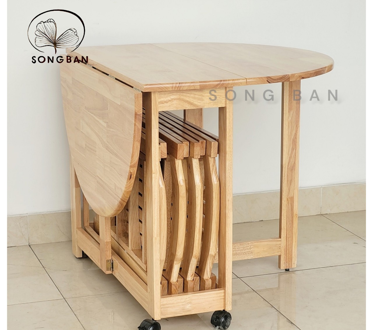 Bộ Bàn Ăn Gỗ Cao Su Xếp Chữ Nhật, Ovan 90x1m2 và 04 Ghế Gỗ Xếp Dày Dặn - Gỗ Song Bản