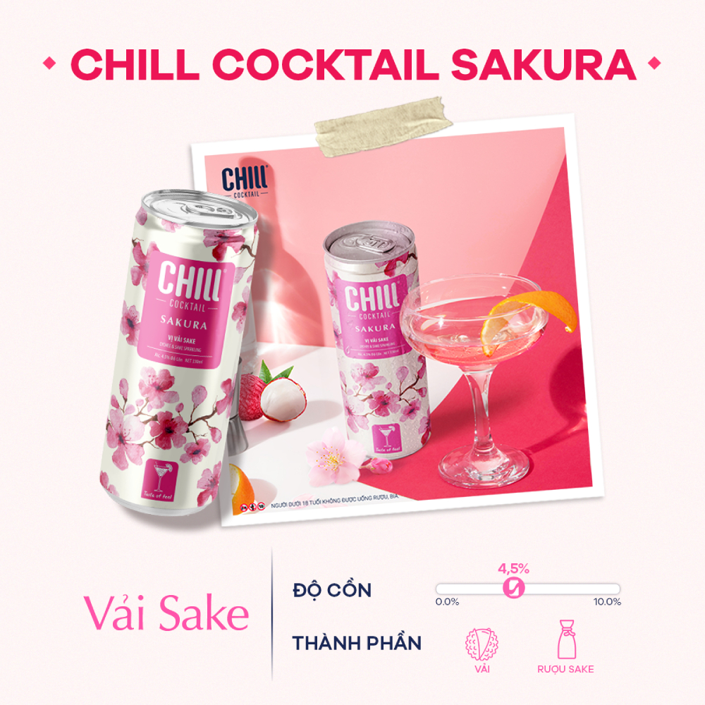 Combo 2 Thùng 6 lon Chill Cocktail Sakura mix vị Vải Sake & Dưa Hấu Sake (12 lon x 330ml/lon)