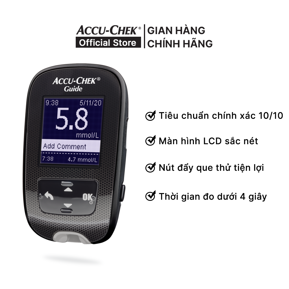 Máy Đo Đường Huyết ACCU-CHEK Guide Màn Hình LCD Rộng, Có Trợ Sáng Tại Cổng Đo - Chưa Có Que Thử