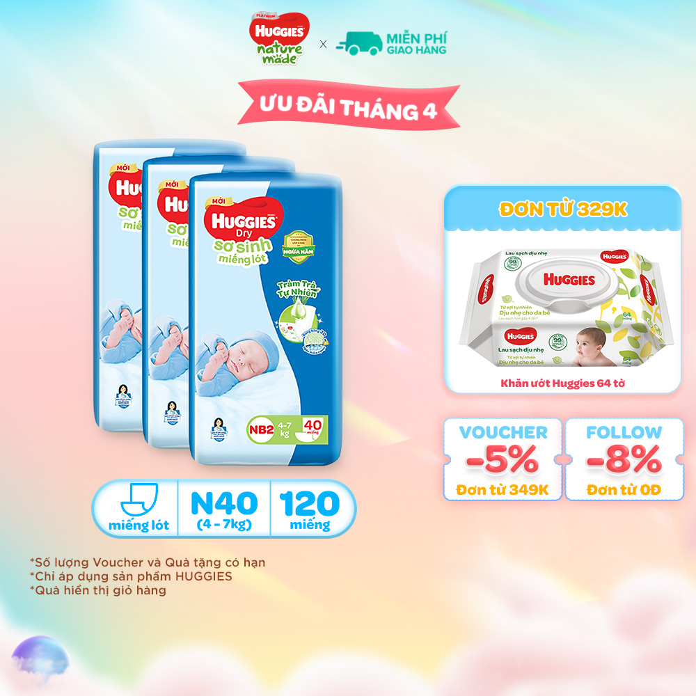 Combo 03 Miếng lót sơ sinh Huggies Tràm Trà Newborn 2 (4-7kg) N40/N60