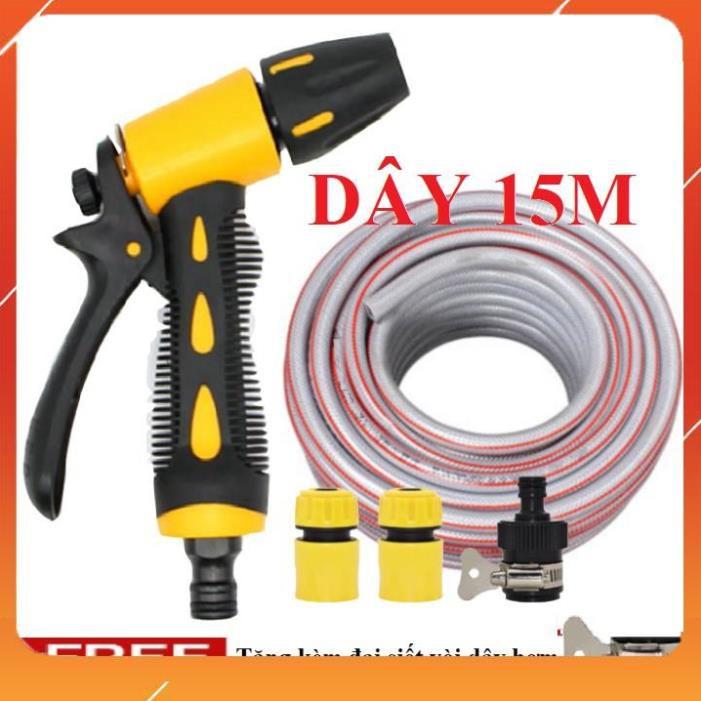 Bộ dây vòi xịt bơm nước tưới rửa , tăng áp 3 lần, loại 15m 206319 cút sập,nối nhựa đen+ đai