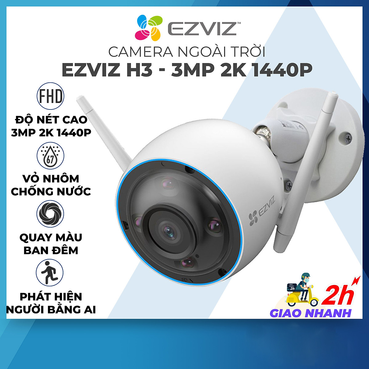 Camera Wifi Ngoài Trời Ezviz H3 phiên bản 3MP và 5MP siêu nét có màu ban đêm - Hàng chính hãng