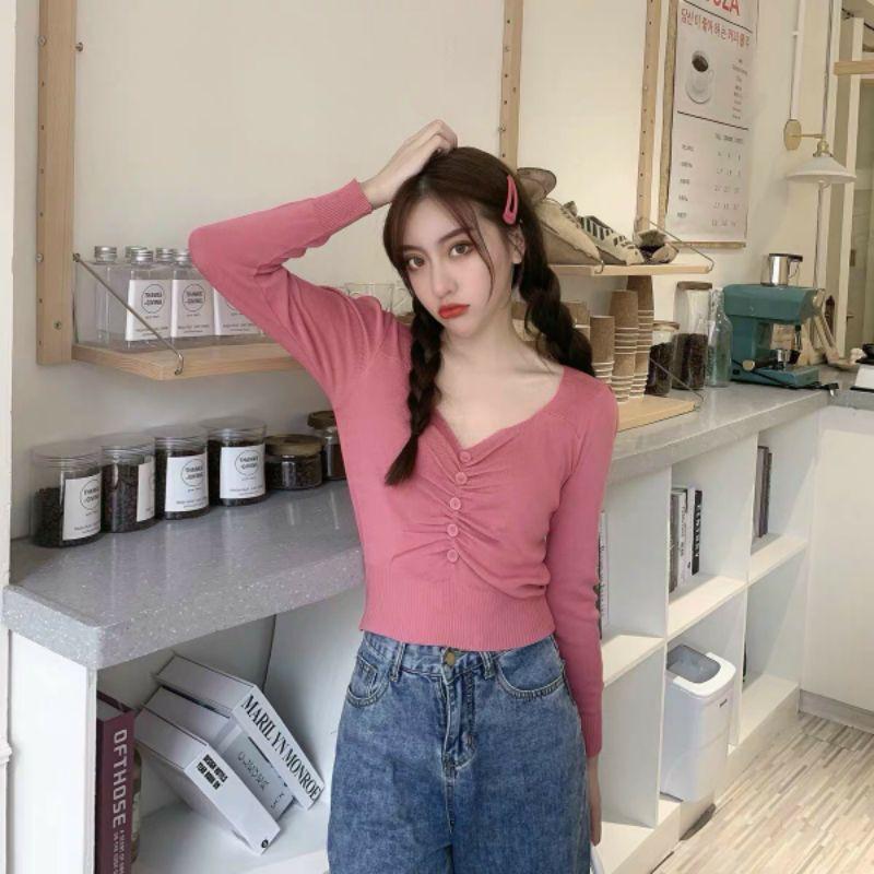 ÁO KIỂU THUN PHỐI NÚT TRƯỚC DÀI TAY