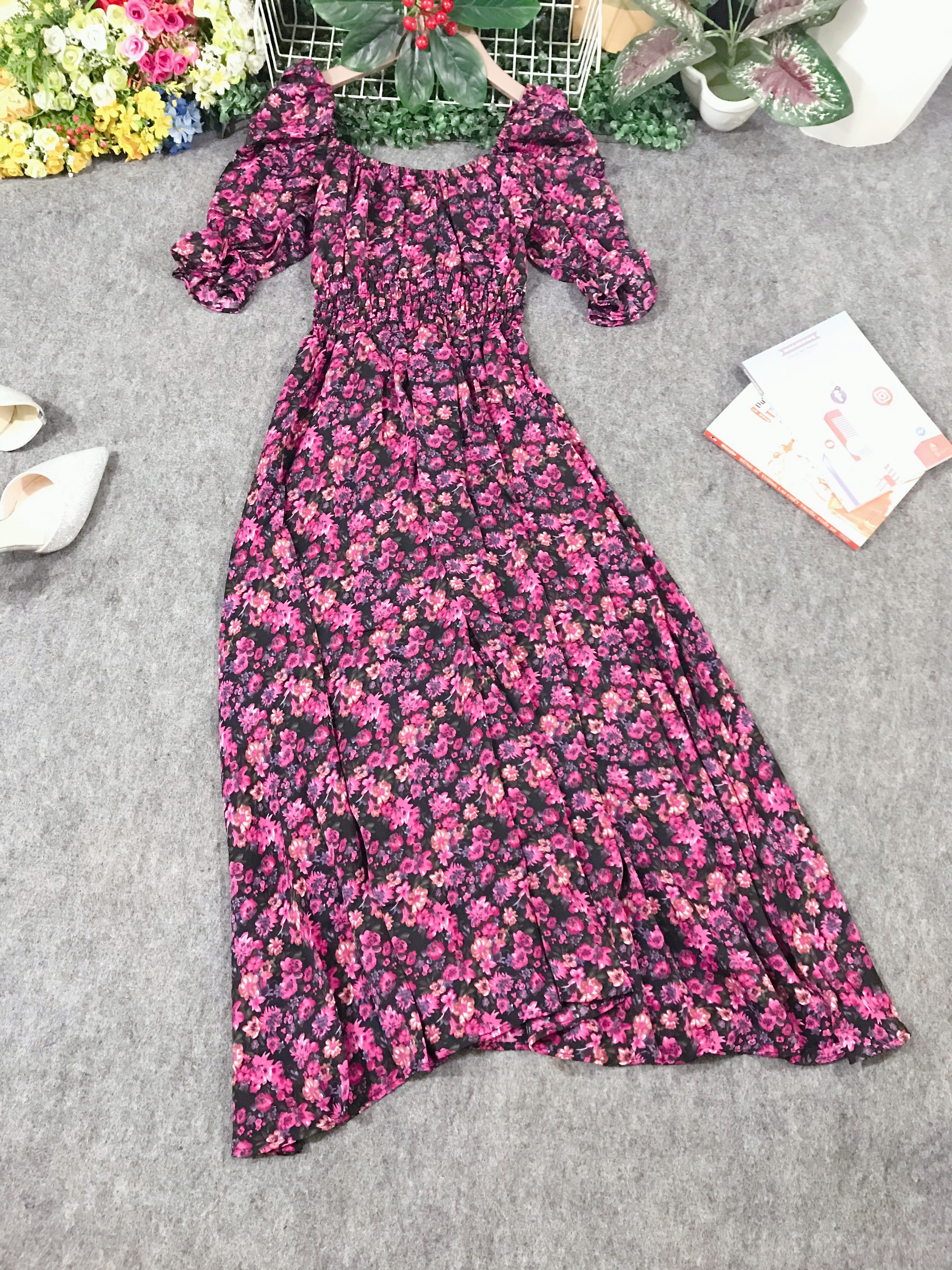 Đầm xòe maxi lụa hoa mềm mịn cổ vuông bo chun siêu co giãn vintage - VN482001