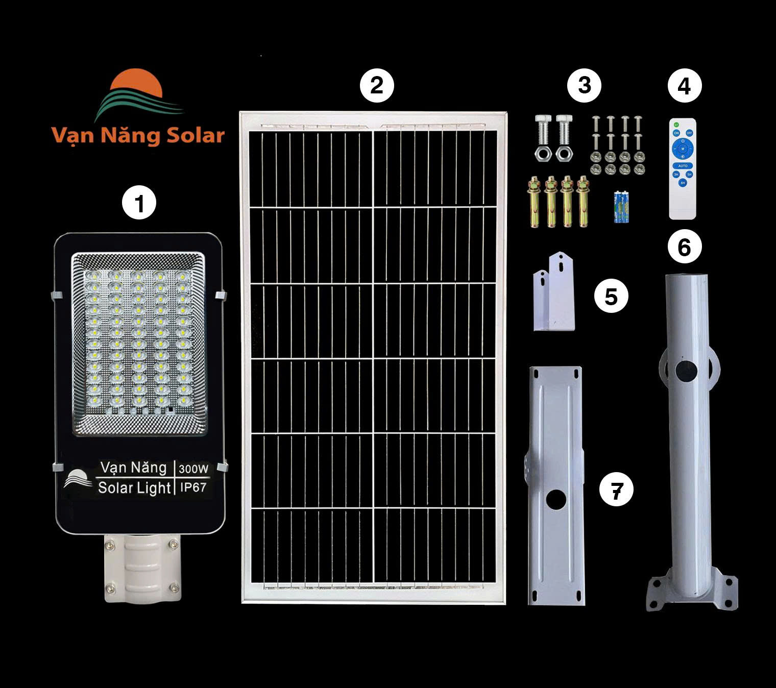 Đèn đường năng lượng mặt trời Vạn Năng 300W ( hạt led to gương cầu )