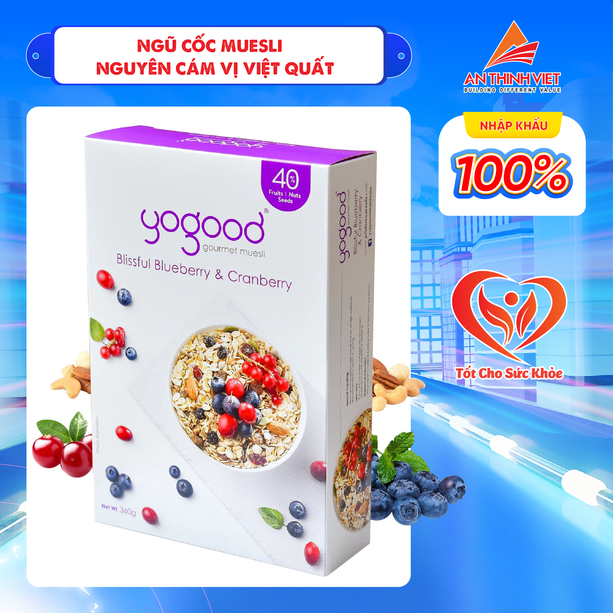 Ngũ Cốc Nguyên Hạt Việt Quất & Nam Việt Quất Yogood - Muesli Blissful Blueberry & Cranberry Hộp 370g
