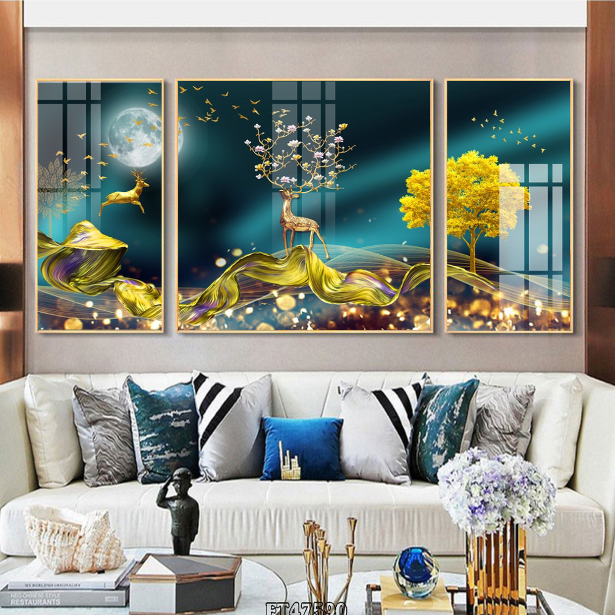 Tranh Bộ 3 Decor Tường Sang Trọng - Tranh Canvas Những Chú Hươu Nghệ Thuật