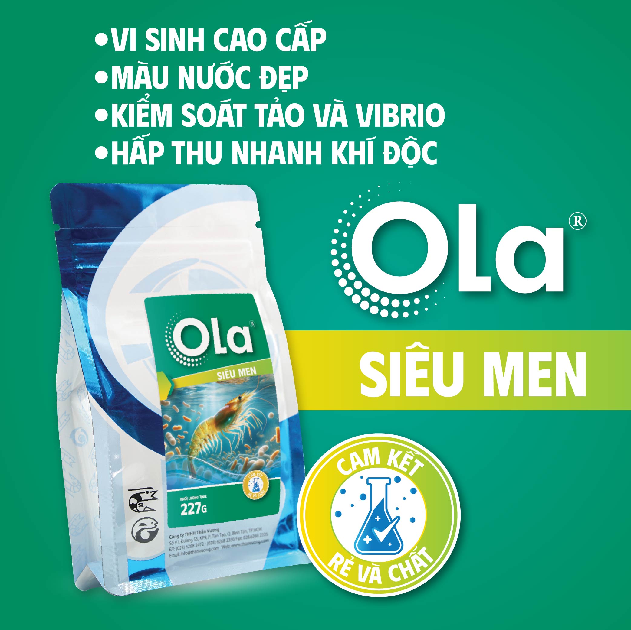 OLA SIÊU MEN: Vi sinh cao cấp kiểm soát tảo và Vibrio, tạo màu nước đẹp cho ao, hấp thu nhanh khí độc