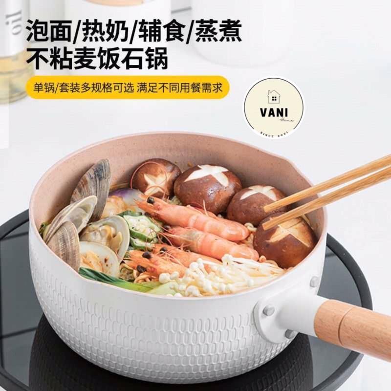 Chảo đá đáy từ chống dính sâu lòng tay cầm gỗ dài Pastel - Chảo chống dính lúa mạch 18cm - Quánh dính đa năng tiện dụng