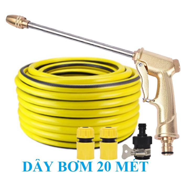 Bộ dây vòi xịt nước rửa xe, tưới cây . tăng áp 3 lần, loại 20m 206701-3 đầu đồng,cút,nối đen+ tặng đai
