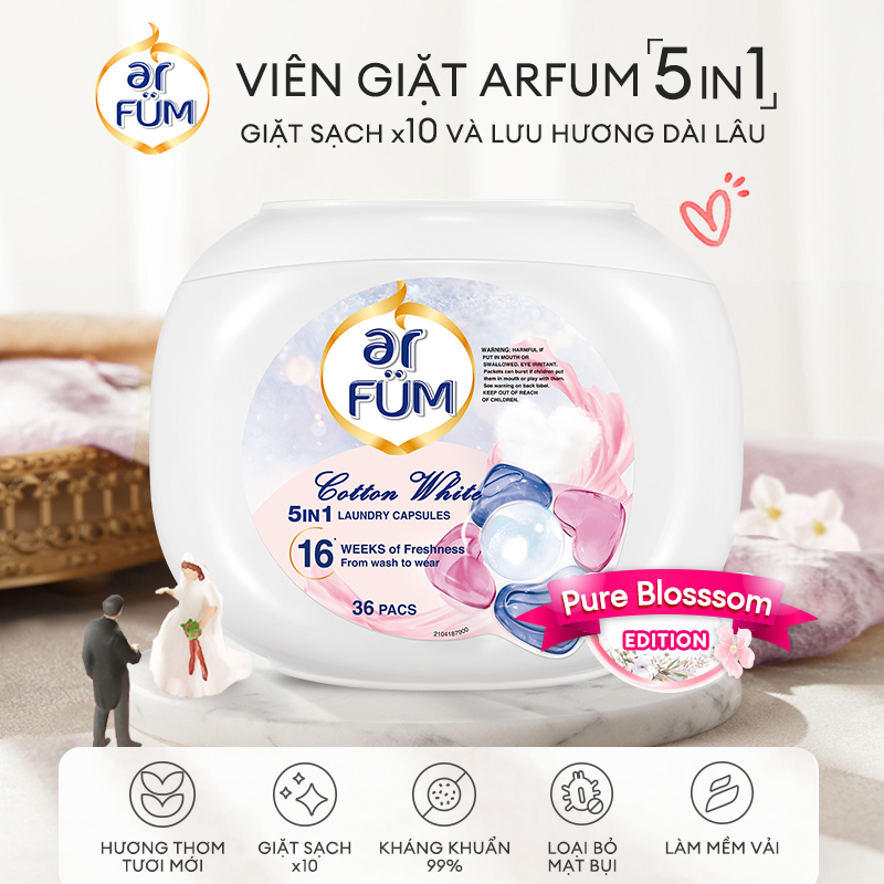 Viên giặt xả arFUM 5 trong 1 MỚI, tinh dầu nước hóa lưu hương lâu 16 tuần, khử khuẩn 99% - (50 viên/Túi)