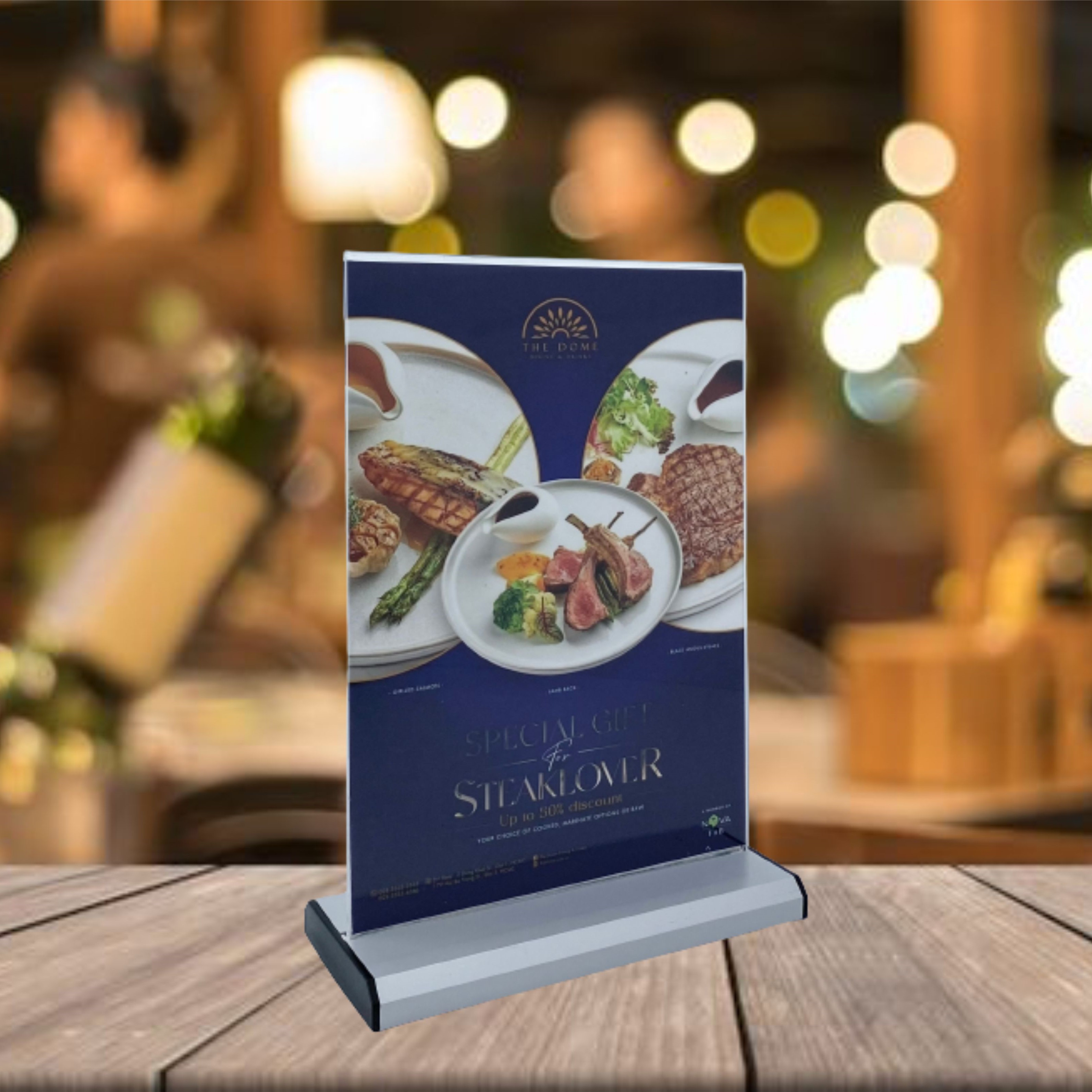 Kệ menu nhà hàng, Standee mica để bàn, Bảng quét mã QR Code, Kệ mica 2 mặt Enter E30 150x210mm đế nhôm A5 đứng