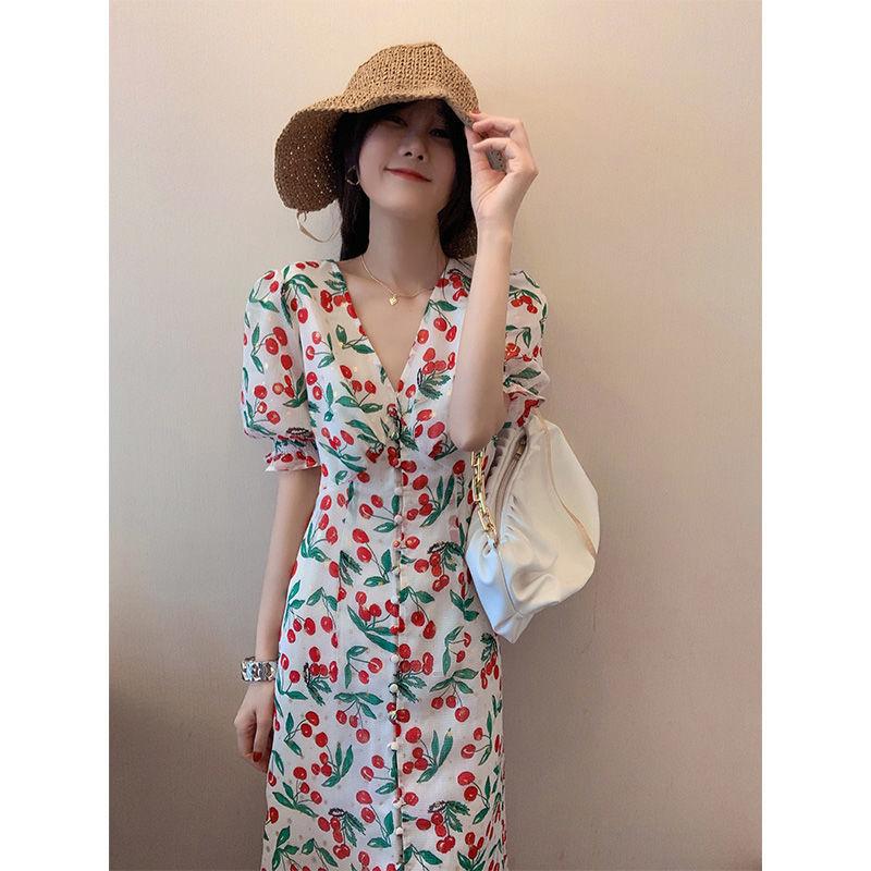 TOBE1SHOP 2021 mùa hè thắt lưng ngọt ngào trà nghỉ váy nữ Pháp anh đào chiffon hoa bong bóng tay áo đầm dài
