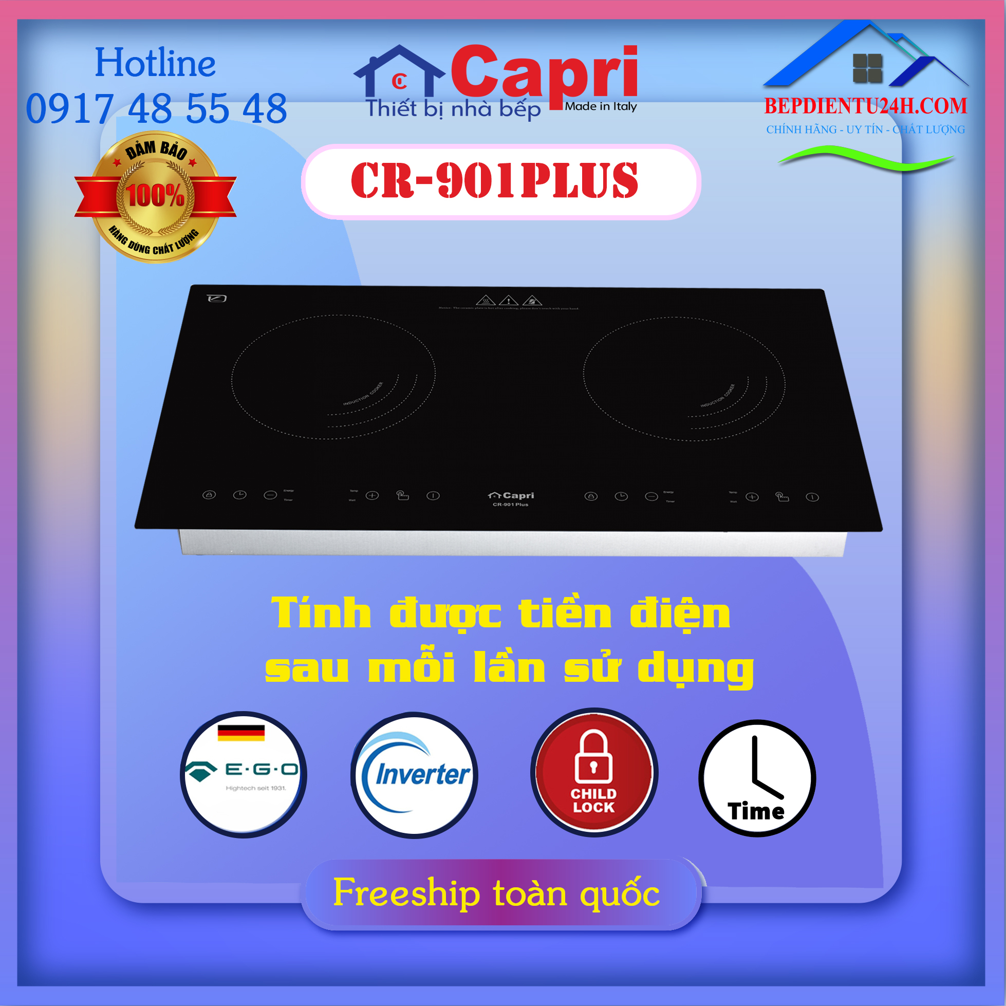 Bếp điện từ đôi Capri CR-901 Plus - Hàng Chính Hãng, Sản Xuất Theo Công Nghệ Tiên Tiến Châu Âu, Tiết Kiệm Điện Và Thời Gian Nấu Tối Ưu