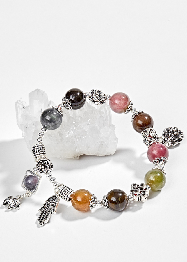 Vòng Tourmaline Đa Sắc Phối Charm Lá Bạc  Ngọc Quý Gemstones