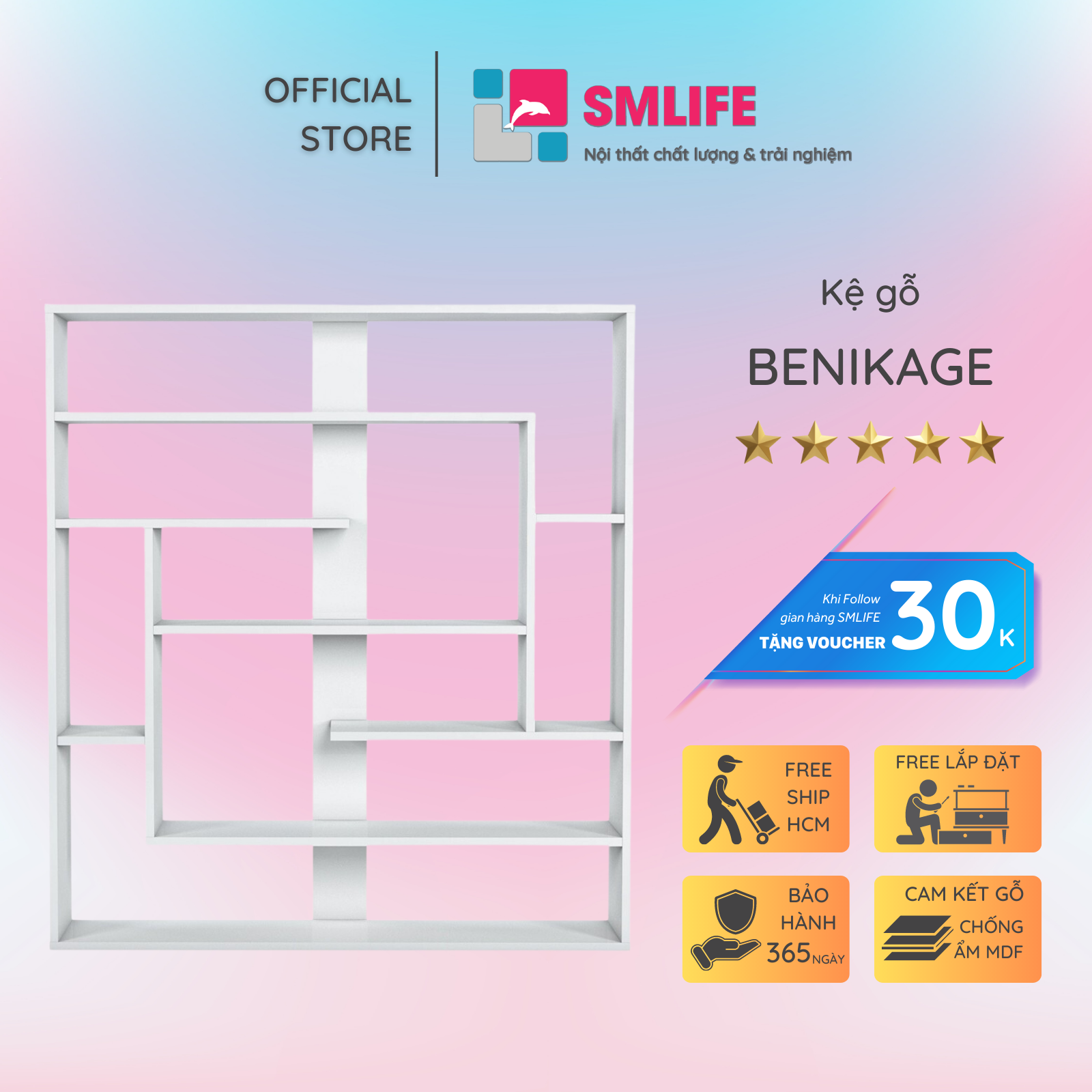 Kệ sách, kệ trang trí gỗ hiện đại SMLIFE Benikage  | Gỗ MDF dày 17mm chống ẩm | D120xR22xC132cm