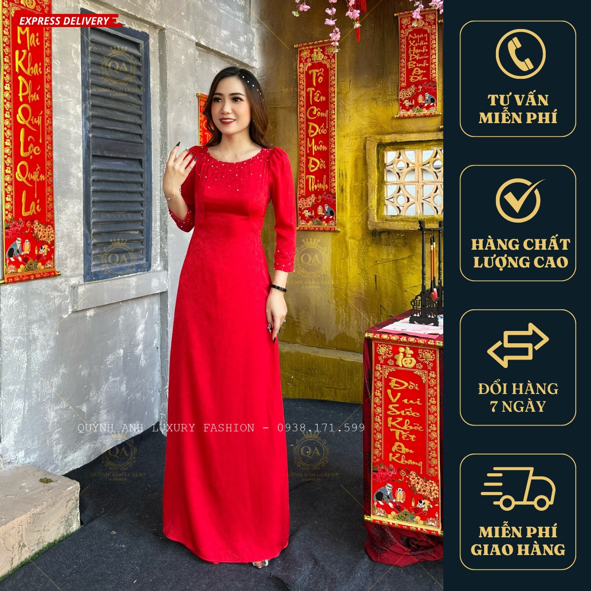 Áo Dài Đỏ Truyền Thống Gấm Hoàng Gia Cổ Tròn Tay Lỡ Cao Cấp Kora Dress