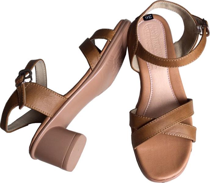 Giày sandal nữ Trường Hải quai chéo da bò thật gót vuông đế PU siêu nhẹ màu vàng SDN0412 [HÌNH ẢNH THẬT