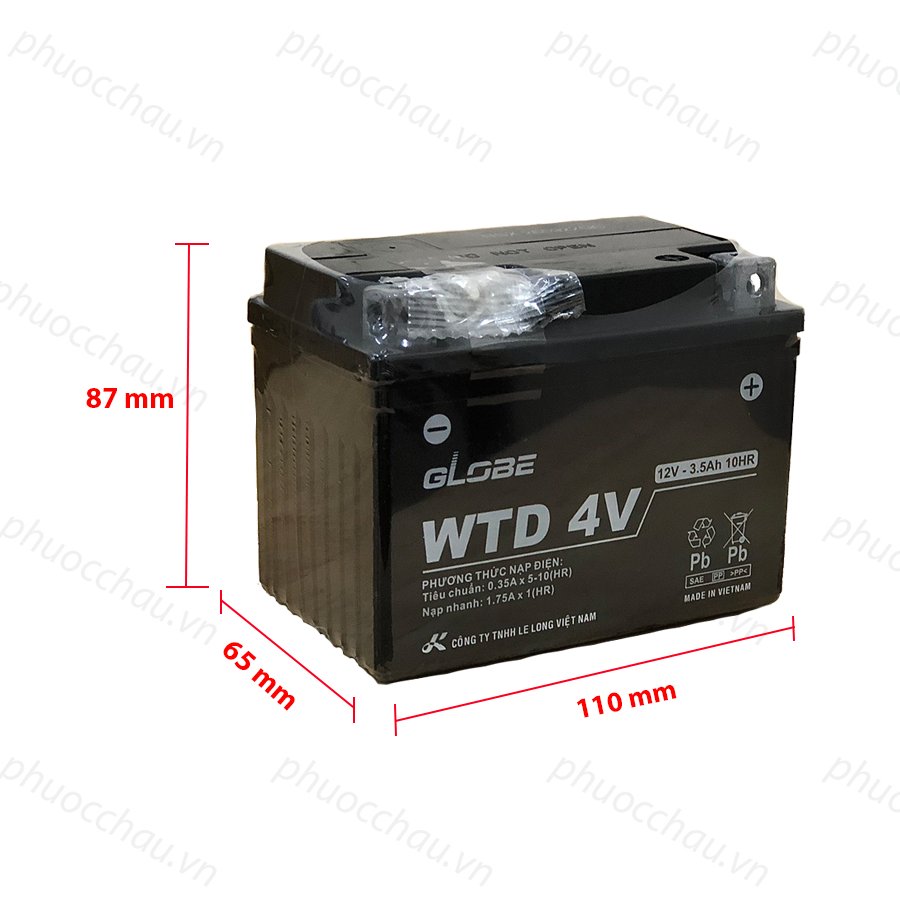 Bình Ắc Quy Khô WTZ5S 12V,4.2Ah/WTD 4V,3.5Ah hiệu GLOBE Cho Xe WAVE RS100/ WAVE RS 110/ AIRBLADE/ EXCITER 135