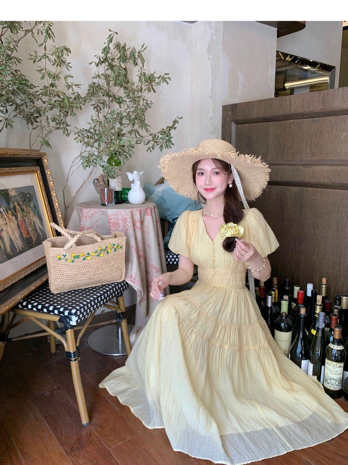 TOBE1SHOP DbyDoi Pháp Vintage dịu dàng gió hiển thị gầy v-cổ tiên nghỉ mát gió váy đầm đầm dài cho trẻ em mùa hè