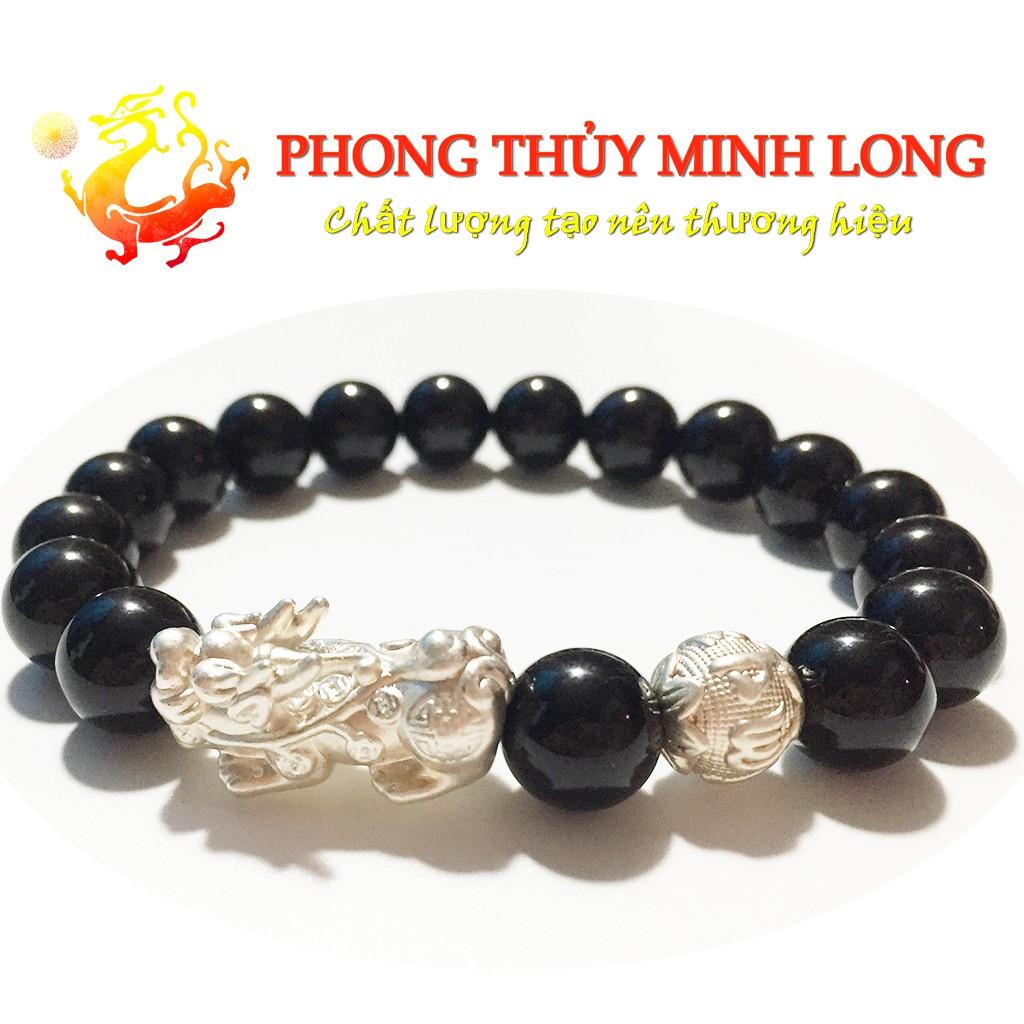 Vòng tay đá Mã Não Đen mix tỳ hưu và 1 hạt kim tiền bằng Bạc hợp mệnh Thủy và Mộc