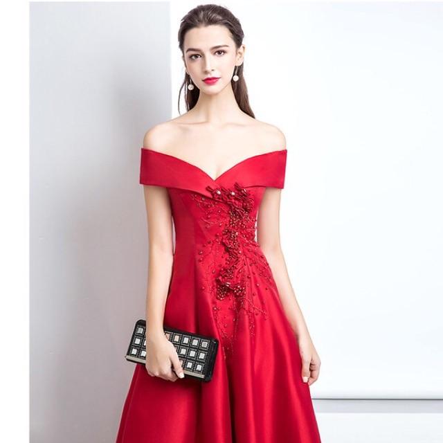 Đầm Maxi dạ hội bẹt vai kết hoa ren nổi và đá SANG TRỌNG - Size ML đến 58kgMM MM
