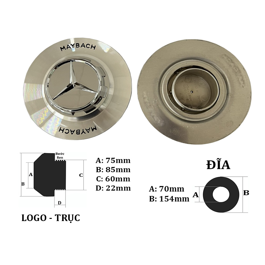 Logo chụp mâm, ốp lazang bánh xe ô tô Maybach MB-002, chất liệu nhựa ABS và hợp kim nhôm cao cấp