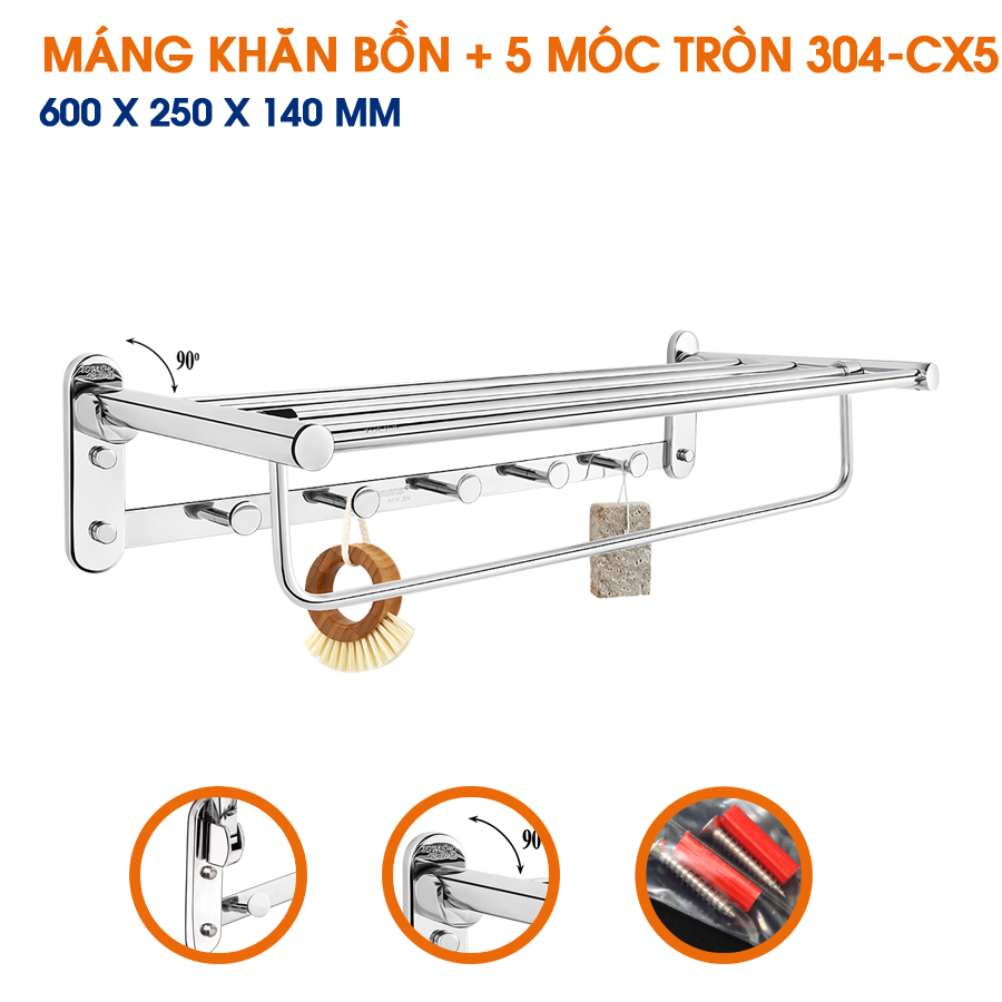 Máng khăn bồn xếp + 5 móc tròn (inox 304) TOVASHU 304-CX5