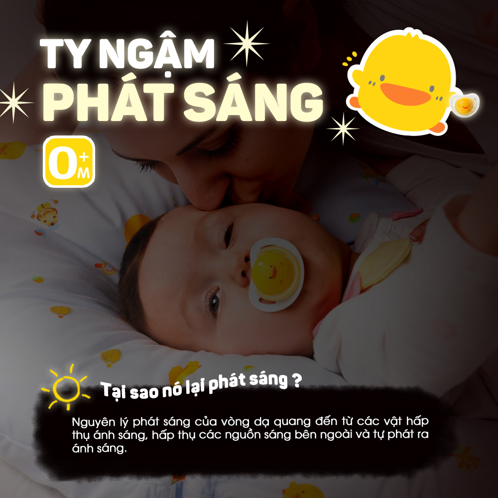 Ty ngậm piyo piyo cho trẻ sơ sinh đến 6 tháng tuổi, có vòng dạ quang phát sáng, mẹ dễ lấy ra vào ban đêm