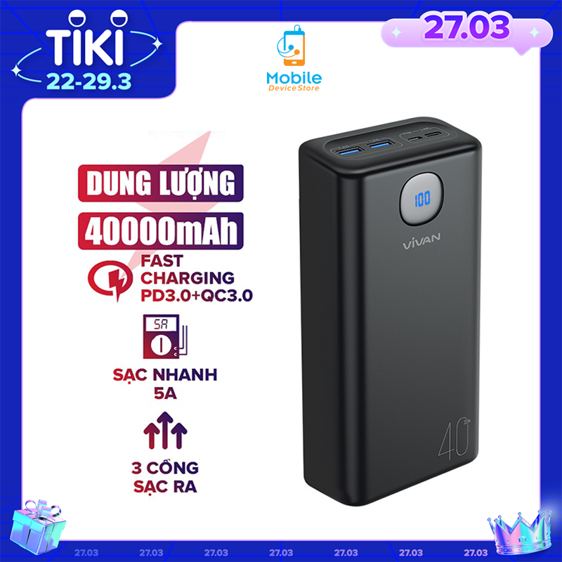 Pin Sạc Dự Phòng VIVAN 3 OutPut Dung Lượng 40.000mAh, Công Suất 22.5W Chuẩn PD/QC 3.0/VOOC - Hàng Chính Hãng