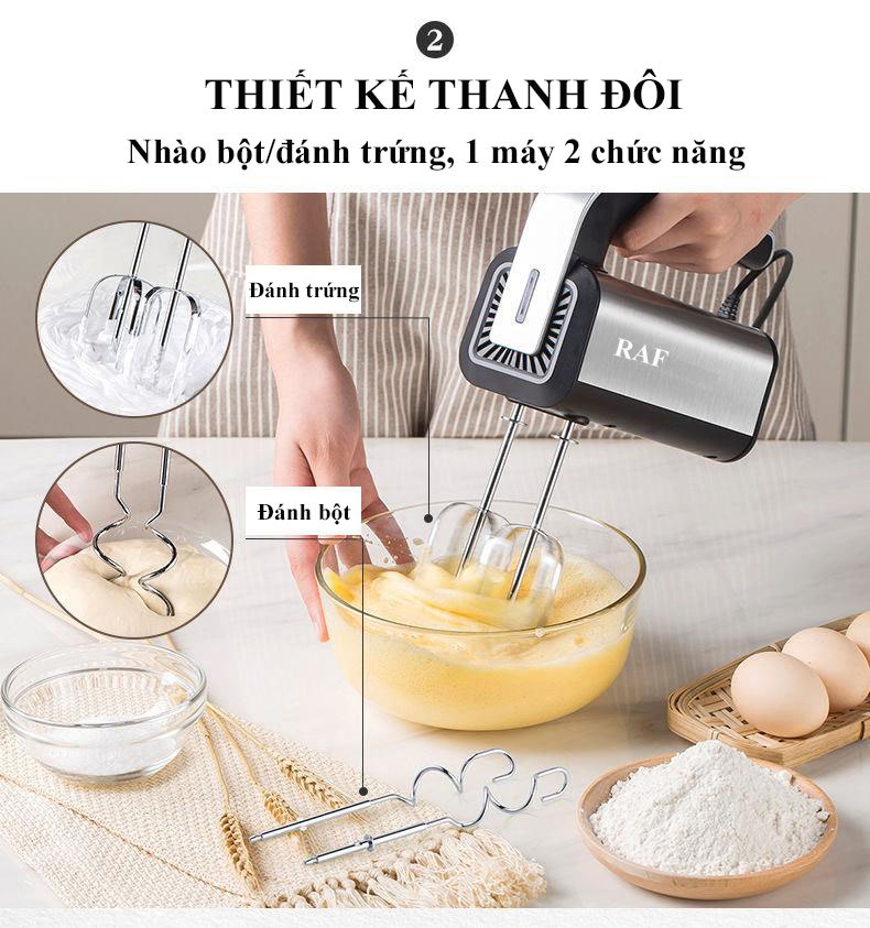 Máy đánh trứng RAF công suất 300W với 5 chế độ điều chỉnh tốc độ đánh đều đánh mịn REKKY - HÀNG CHÍNH HÃNG