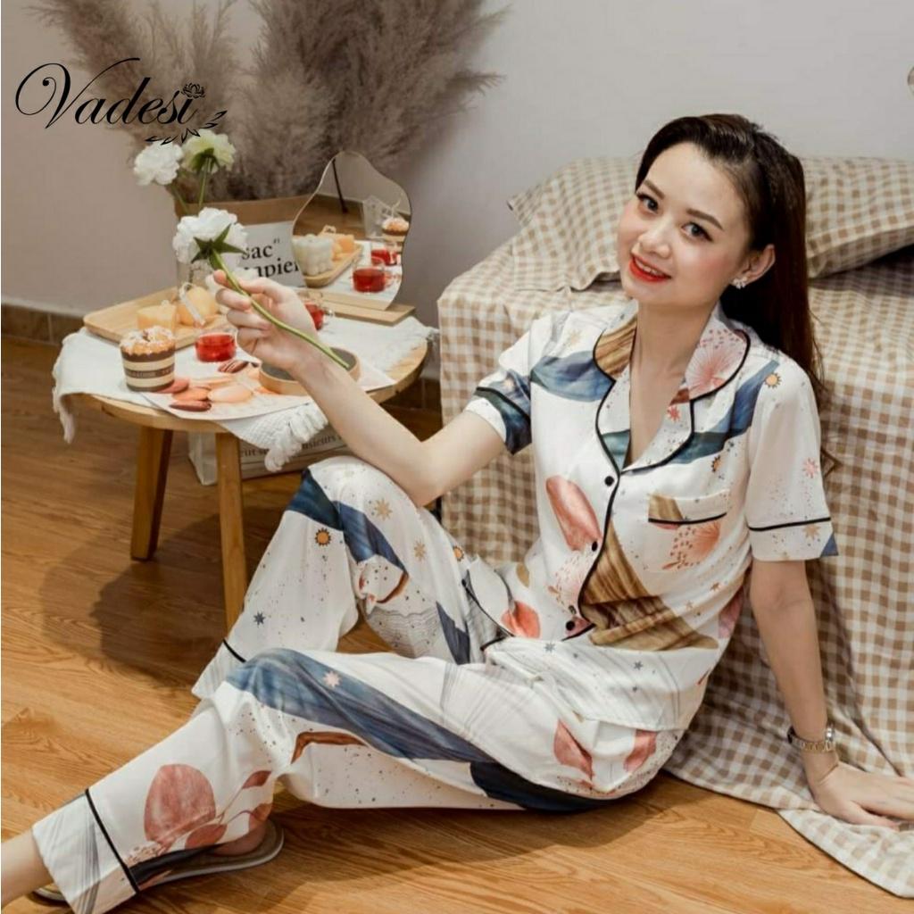 Pijama Lụa Cao Cấp, Đồ Bộ Họa Tiết Trang Nhã, Đồ Ngủ Đẹp, Bộ Mặc Nhà Vadesi - Thời Trang Nữ