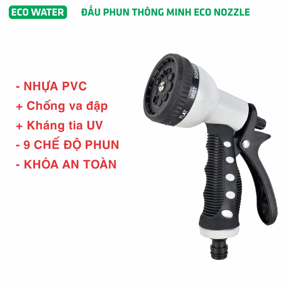Đầu vòi phun lắp cuộn dây tưới ECO-WATER 10-20-30m. 9 Chế độ phun. Nhựa PVC chống va đập - kháng tia UV