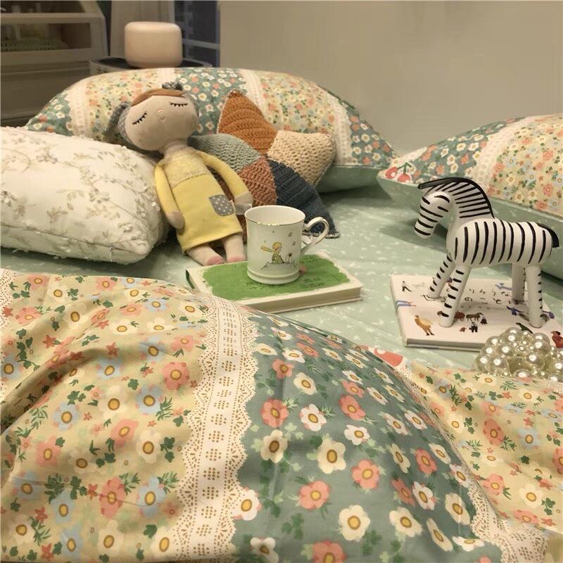 Bộ Chăn Ga Gối Cotton 100% Hàng Nhập Khẩu 4 Món Hoa Dây Ngang Siêu Xinh Với 4 Tông Màu