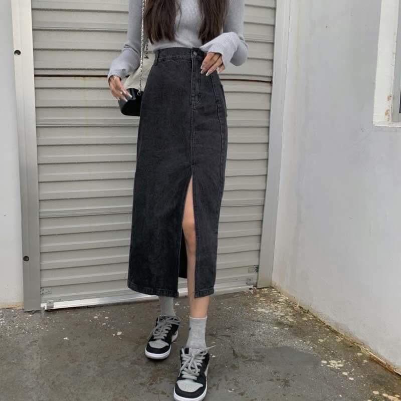 Chân váy bò Denim nữ chất Jeans dáng dài xẻ sườn lưng cao phong cách Ulzzang Hàn #918-929