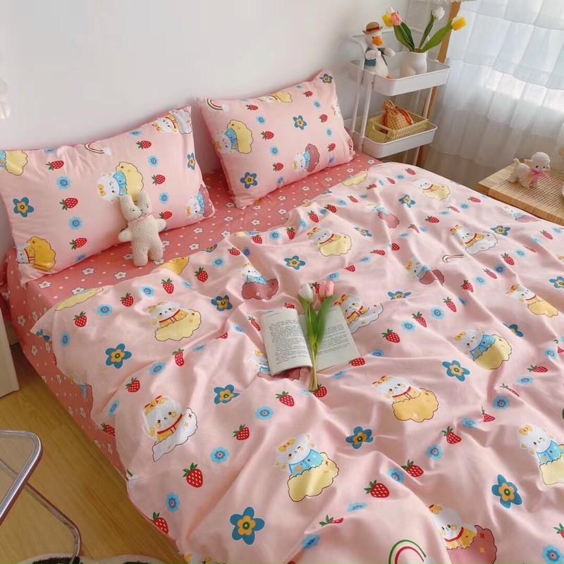 Bộ Chăn Ga Gối Cotton Living 100%côtton Hàng Nhập Khẩu Cao Cấp 4 Món Thỏ Hồng