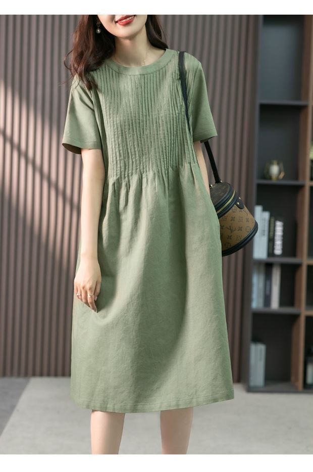Đầm linen nữ dáng suông xếp ly mẫu mới ngắn tay mặc đi làm, đi chơi Đũi Việt DV195