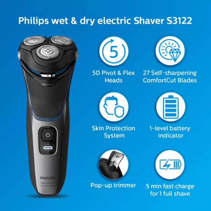 Máy cạo râu khô và ướt Philips AquaTouch dòng 3000 S3122/51 - Đầu cạo 5D Pivot &amp; Flex - HÀNG NHẬP KHẨU