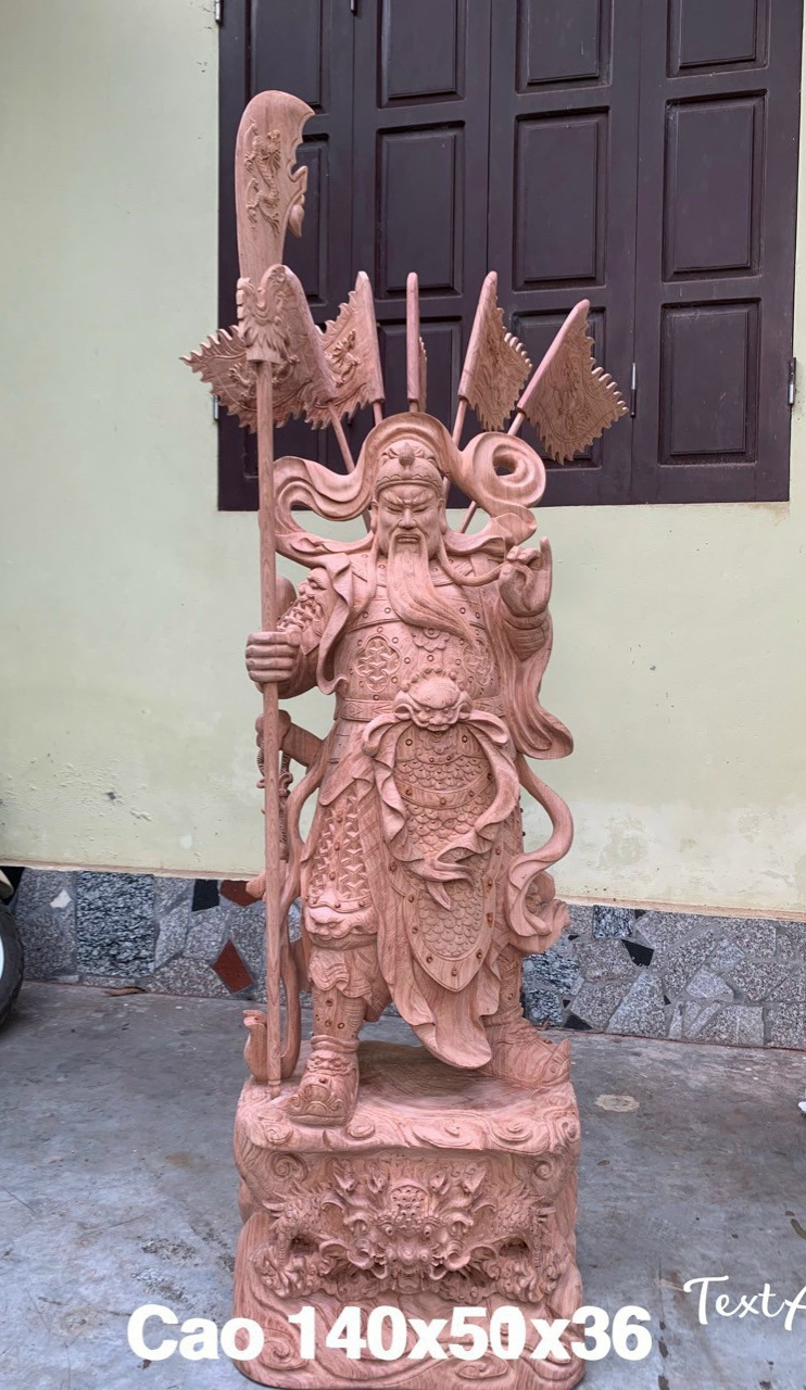 Tượng quan công cầm đao trấn ải đứng trên đầu hổ phù bằng gỗ hương đá kt cao 140×50×36cm