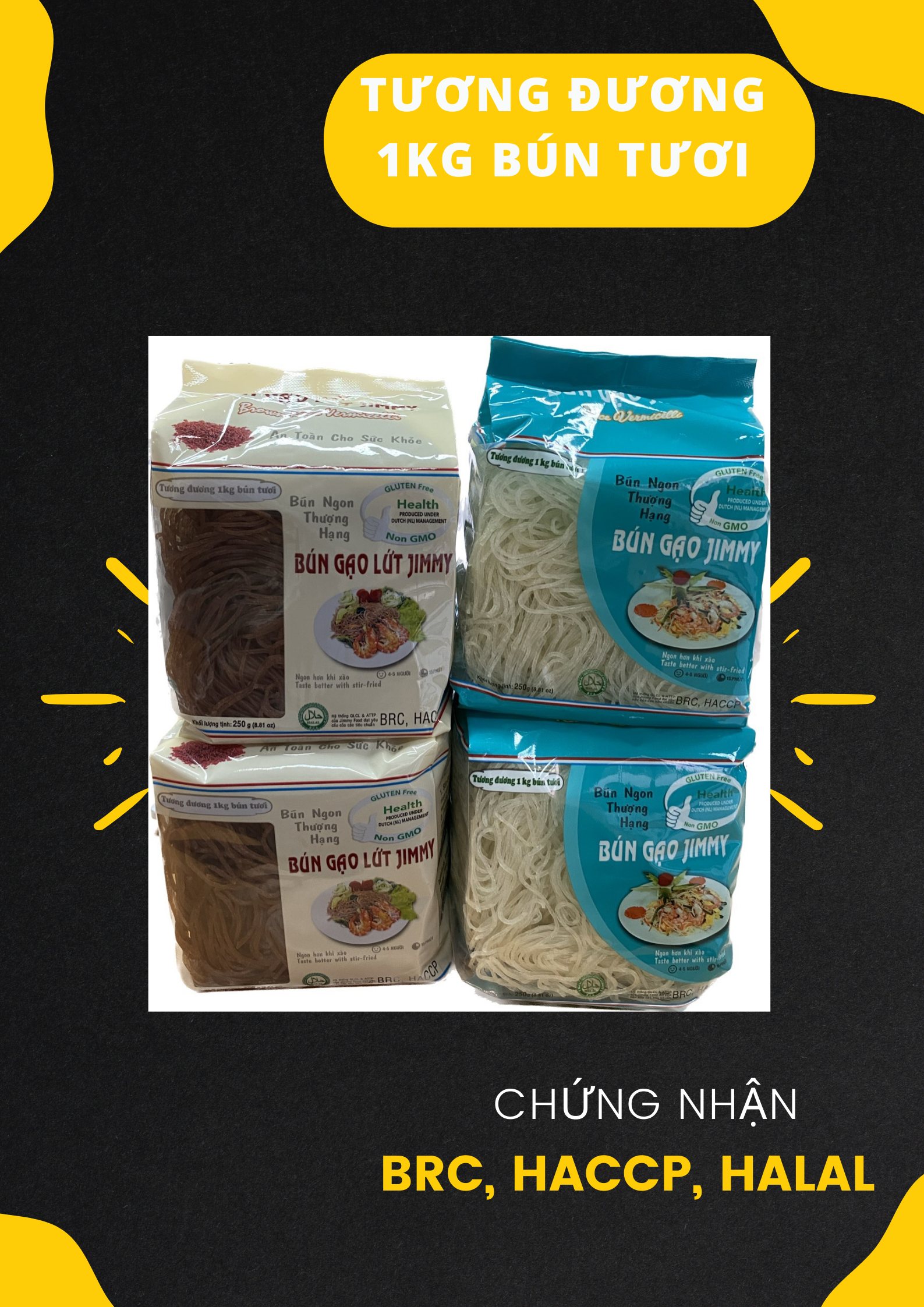 Bộ 2 gói bún gạo + 2 gói bún gạo lứt Jimmy - Bún ngon thượng hạng - Tiện lợi 3 trong 1: Bún xào, bún tươi, bún nước