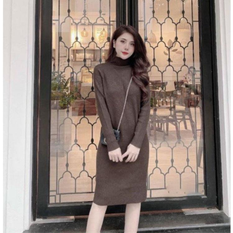 Váy len nữ suông dài tay cổ 3 phân Đầm trơn chất len thường hàng VNXK