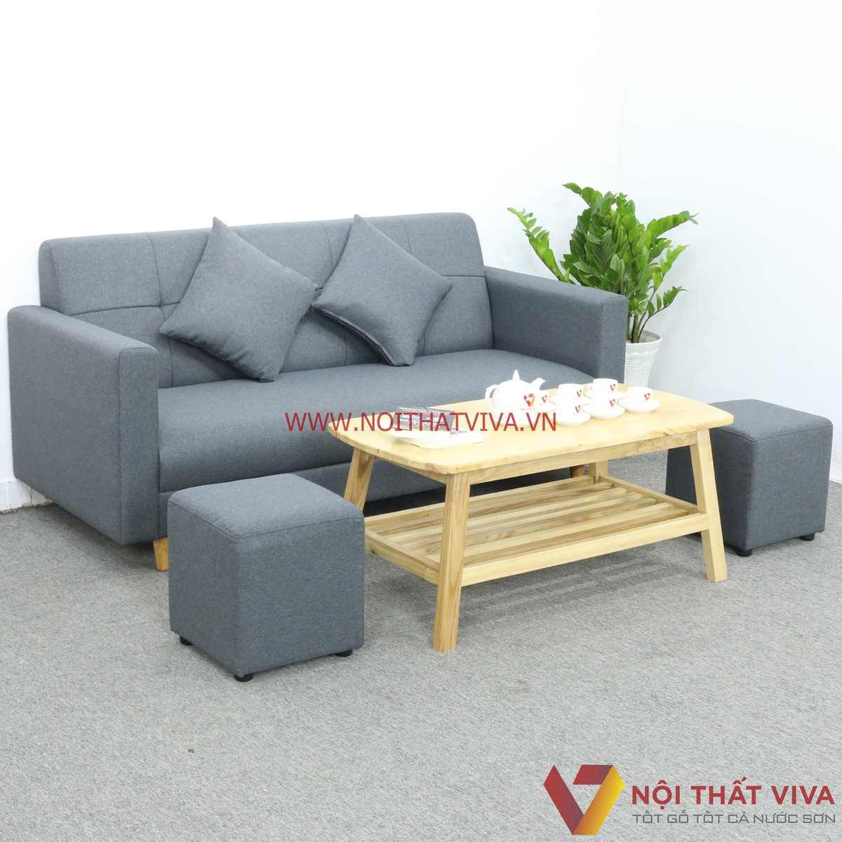 Bộ Bàn Ghế Sofa Nệm Bọc Nỉ Màu Xám 6 Món Gọn Đẹp Hiện Đại Giá Rẻ