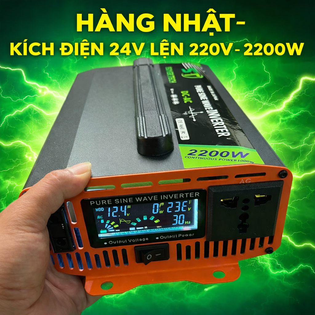 Bộ Biến Tần Kích Điện 24V → 220V 2200W Hàng Nhật, Sóng Sin Chuẩn, Full LED Cao Cấp
