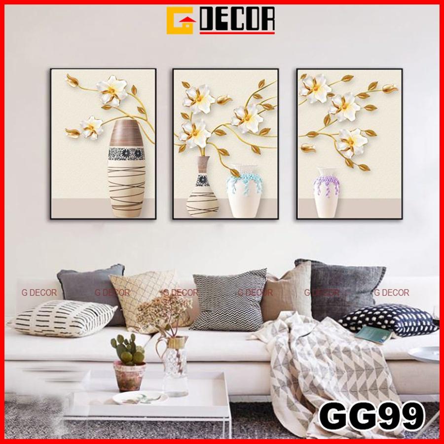 Tranh treo tường canvas 3 bức phong cách hiện đại Bắc Âu 99, tranh bình hoa trang trí phòng khách, phòng ngủ, phòng ăn