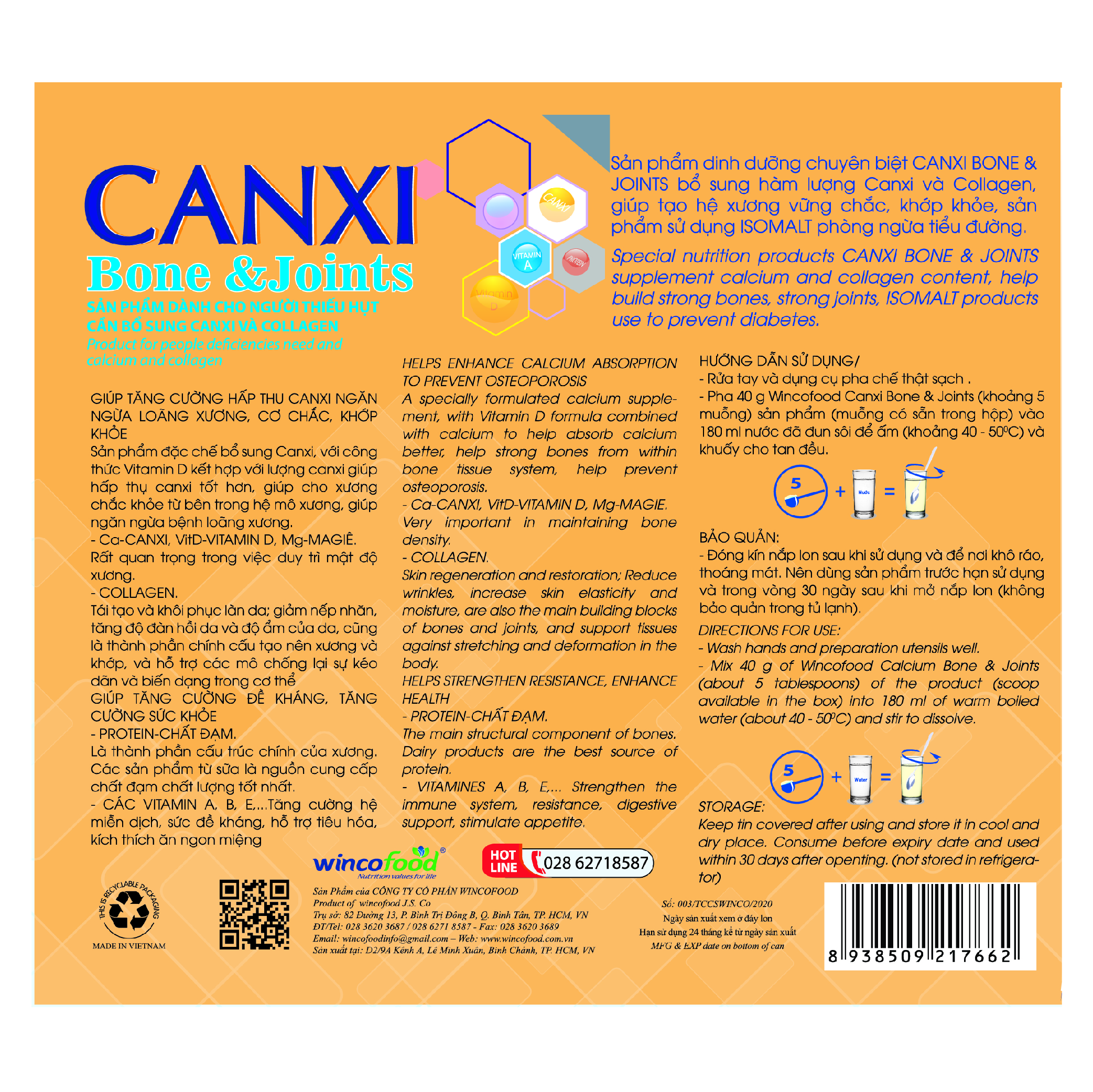 Sữa bột Wincofood Canxi Bone &amp; Joints 800g : Bổ sung Canxi - Collagen và đường ăn kiêng tốt cho cơ xương khớp, chống lão hóa và ngừa tiểu đường.