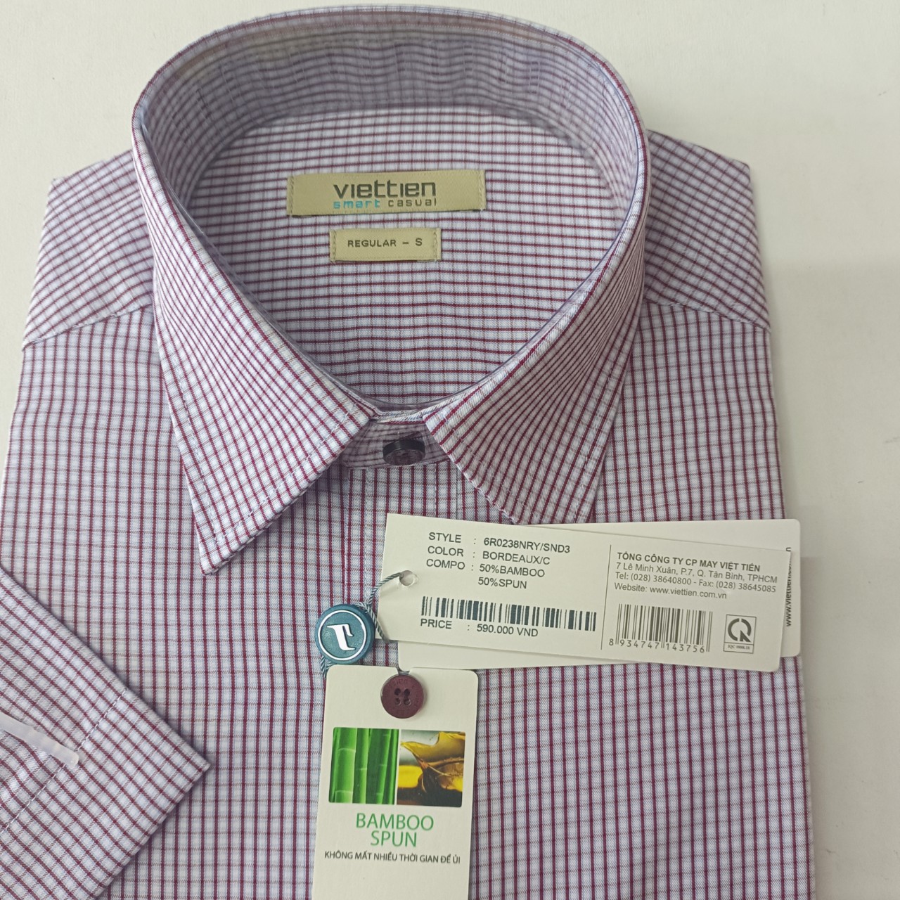 Viettien Áo sơ mi nam Việt Tiến Smart Casual ngắn tay vạt ngang- xẻ sườn Mã 6R 0238 NRY/SND3, sợi tre, ít nhăn, bền màu, thoáng khí