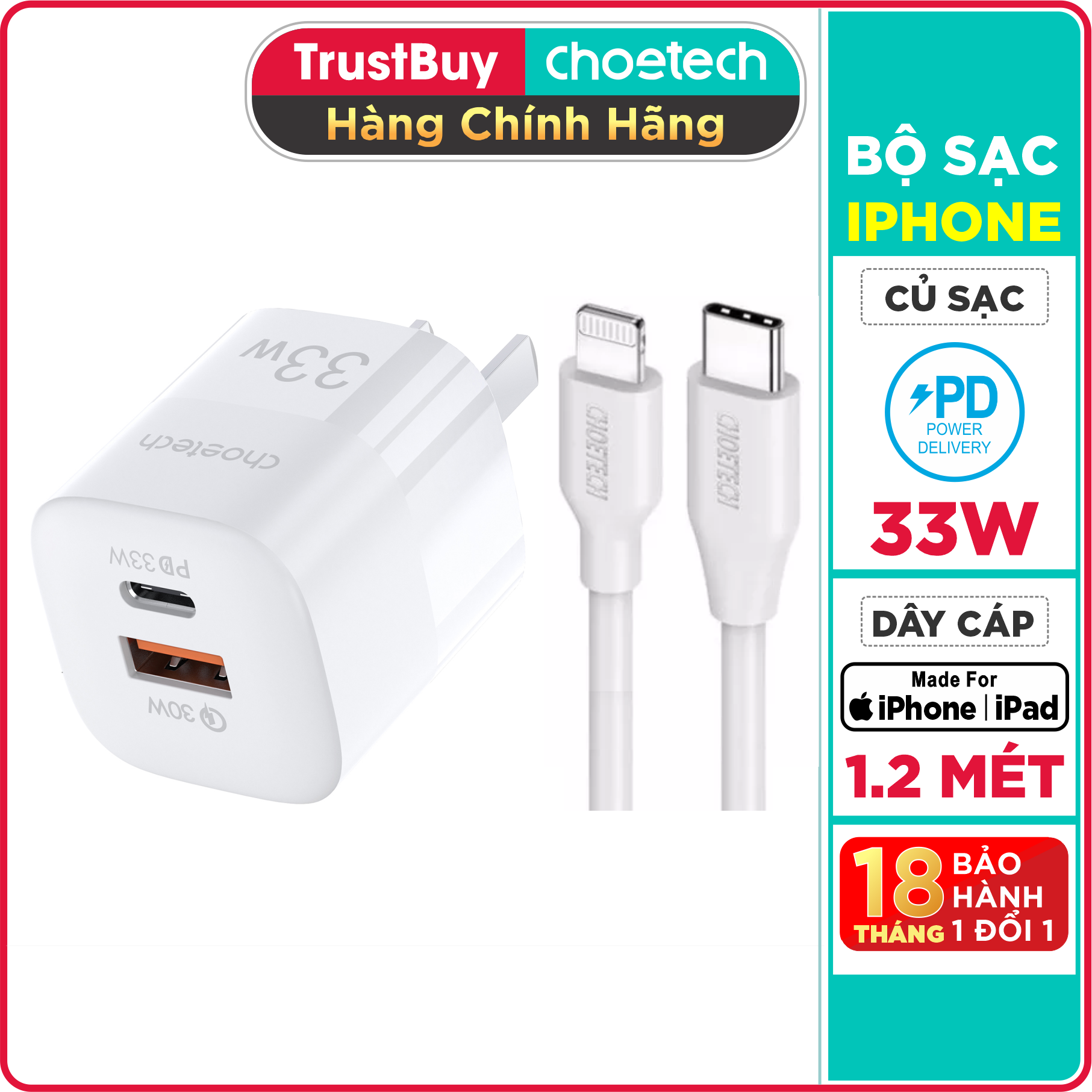 Bộ Củ Sạc Nhanh 33W Cho iPhone iPad CHOETECH PD5006 Và Cáp Type C to Lightning IP0040 Chứng Nhận MFI Dài 1.2M - Hàng Chính Hãng