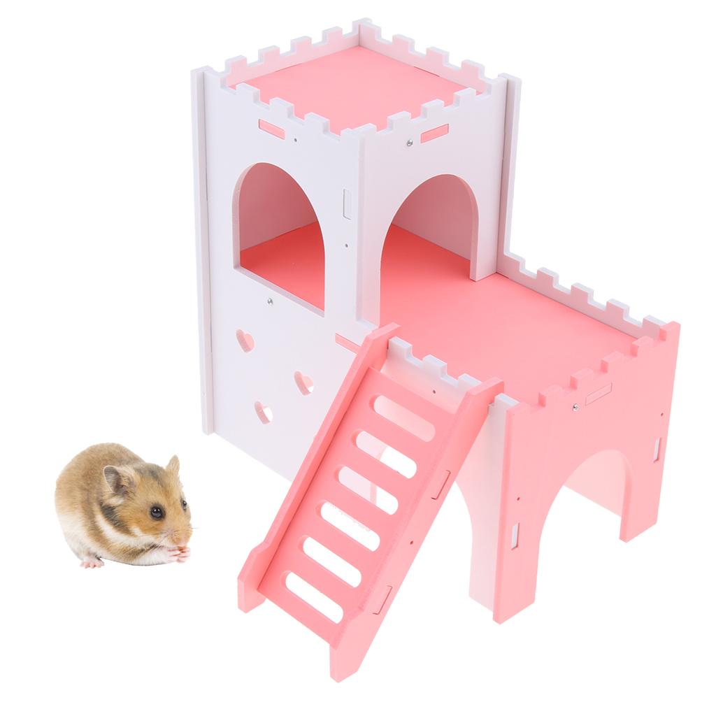 Hamster Hideout House Cabin Cages Wooden Villa Hut Play Toy Pink